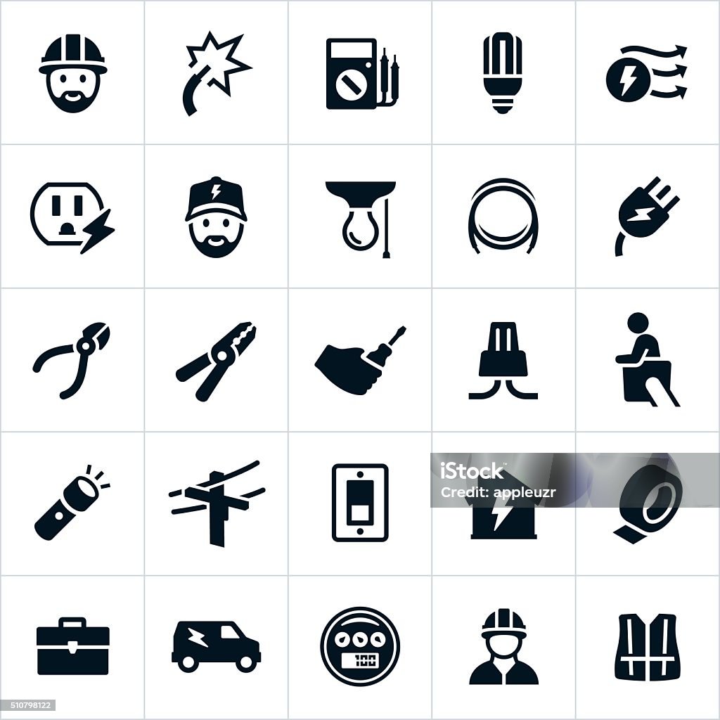 Electrician Icons An icon set of electrician and electrical themes. The icons include illustrations of electricians, tools, equipment and other electrical related iconography. Icon Symbol stock vector