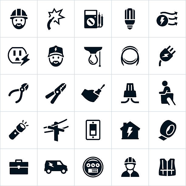 Electrician Icons An icon set of electrician and electrical themes. The icons include illustrations of electricians, tools, equipment and other electrical related iconography. electrician stock illustrations