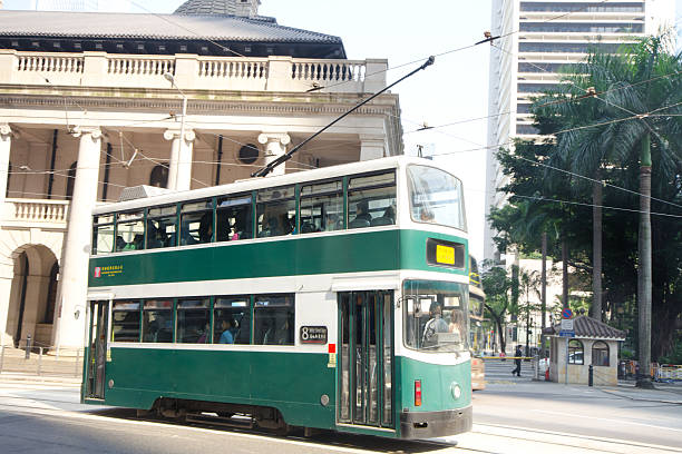 Hong Kong, China - January 18, 2013: An Electric Trolley Tram with retro colors, running through the Hong Kong Central District, the business hub of Hong Kong.
