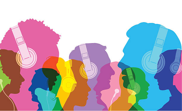 Head silhouettes with Headphones Colourful overlapping silhouettes of head profiles with earphones and headphones. EPS10 file, best in RGB, CS5 versions in zip headphones illustrations stock illustrations