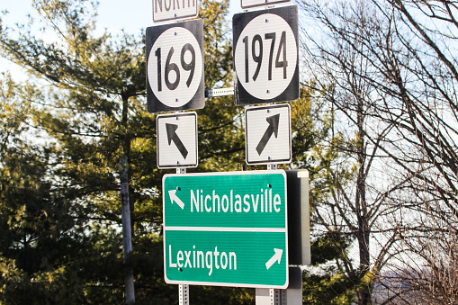 Directional Sign to Nicholasville and Lexington.  The sign is located on Tates Creek Road near Spears Road in Jessamine County, Kentucky.