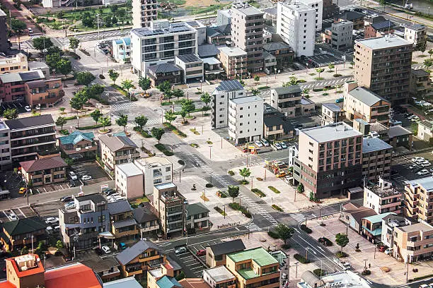 Aerial view to Japanese town.