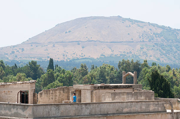 Quneitra, Syria - June 13, 2010: A man walks on the roof of a building in Quneitra, Syria. Quneitra was occupied by Israel for seven years beginning in 1967. Today, though decades have passed since the Israeli withdrawal, the town has been left in its destroyed state. The hill in the background is part of the Golan Heights, occupied by Israel since 1967.