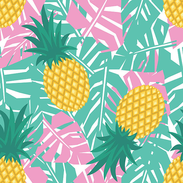 Pineapple with tropical leaves seamless pattern. Summer fruit illustration. Pineapple with tropical leaves seamless pattern. Cute vector pineapple pattern. Summer fruit illustration. Bright fruits with palm leaves background. Green mint with pink jungle illustration. aloha single word stock illustrations