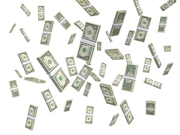 istock One American dollar bills Stacks falling on a white background 510851102