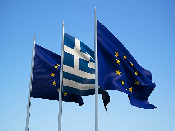 ギリシャおよび eu フラグです。3 d イラストレーション - flag greece european union flag coat of arms ストックフォトと画像