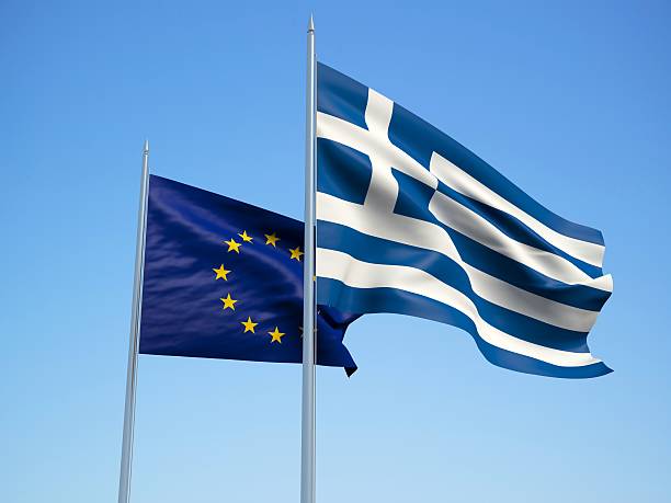 ギリシャおよび eu フラグです。3 d イラストレーション - flag greece european union flag coat of arms ストックフォトと画像