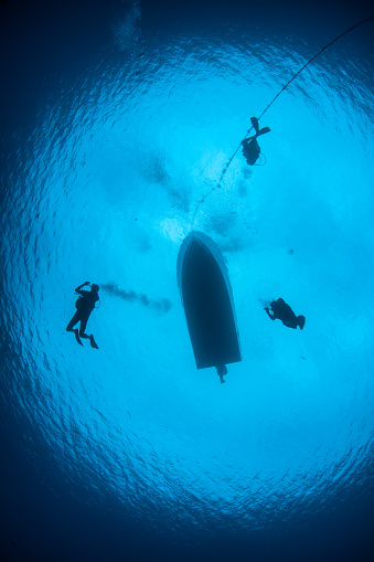 Scuba divers descend into the depths of the Caribbean Sea.