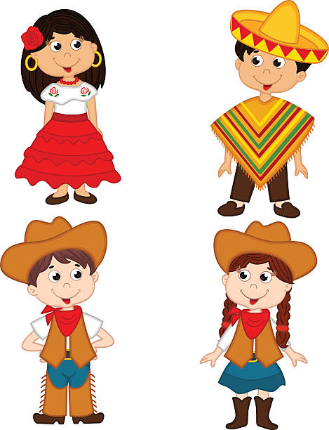 illustrations, cliparts, dessins animés et icônes de ensemble de isolé enfants des cultures mexicaine et cow-boys - spanish culture couple family latin american and hispanic ethnicity