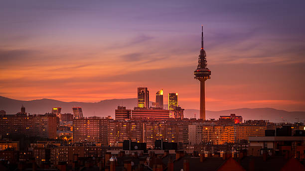 Madrid Skyline Madrid skyline with some emblematic buildings such as Kio Towers, part of the Cuatro Torres Business Area and the Piruli (TV Tower). madrid city view stock pictures, royalty-free photos & images