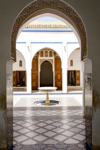 Marrakesh, Morocco  - August 24, 2014: El Bahia Palace which is visited by thousands of tourists from around the world. It is an example of Eastern Architecture from the 19th century.