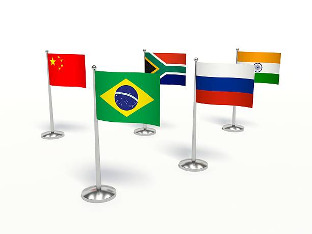 BRICS countries small flags. 3d illustration BRICS countries small flags waving in the wind with a blue sky background. 3d illustration brics stock pictures, royalty-free photos & images