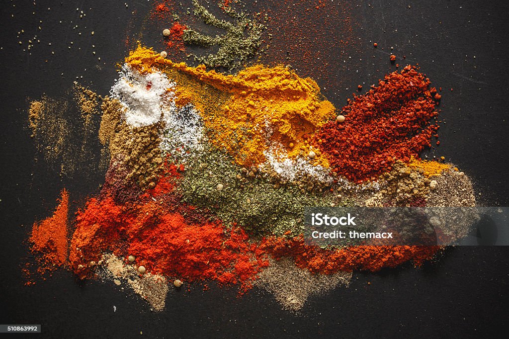 Spices Various kinds of spices on black background. Spice Stock Photo