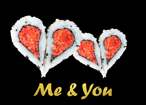 Two hearts forming from four pieces of sushi, love concept