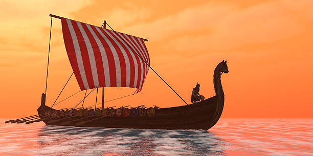 Viking Longship Ventures A Viking longboat sails through ocean calm waters to their destinations for trade goods. greenland photos stock pictures, royalty-free photos & images