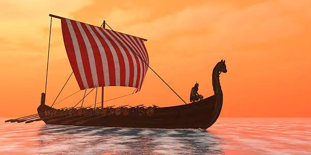 A Viking longboat sails through ocean calm waters to their destinations for trade goods.