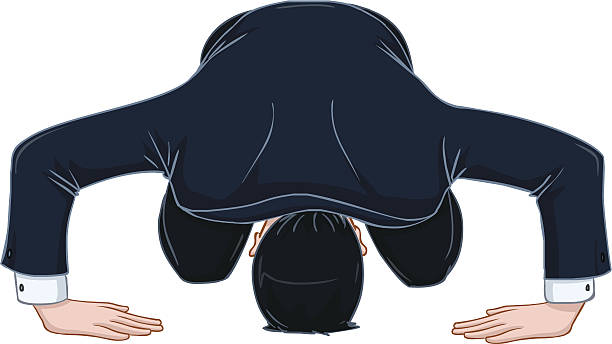 Man In Suit Bows And Apologises Vector illustration of a man in suit bows in apology. knee to the head pose stock illustrations