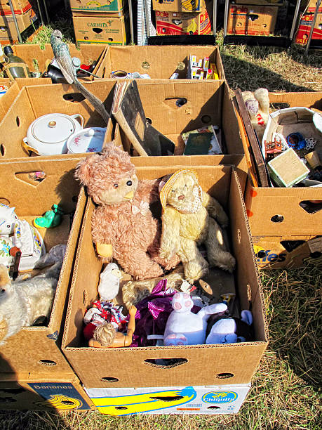 Havelberg, Germany - September 5, 2014: Cardboard boxes with teddy bears for sale at Flea Market. Its part of the flea market takes place at Havelberg (Saxony-Anhalt, Germany) every year at first September week. 