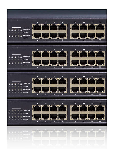 istock stact of Network switch with 16 ports on white background 510869847
