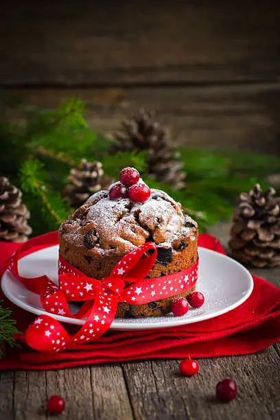 Traditional fruitcake for Christmas decorated with powdered sugar and fresh berry, selective focus