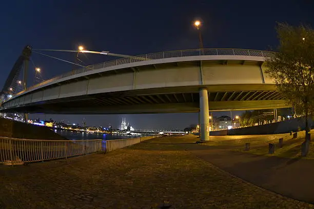 Severins Bridge and grounds of the Deutz shipyard in Cologne at night - Fisheye recording