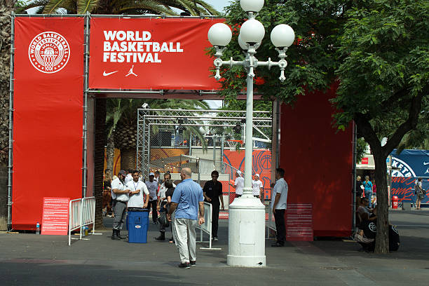BARCELONA - SEPTEMBER 6: Entrance to World Basketball Festival a Barcelona, Spain. - September 6, 2014: Entrance to World Basketball Festival Port Vell, Barcelona in time of Basketball Worldcup, mavericks california stock pictures, royalty-free photos & images