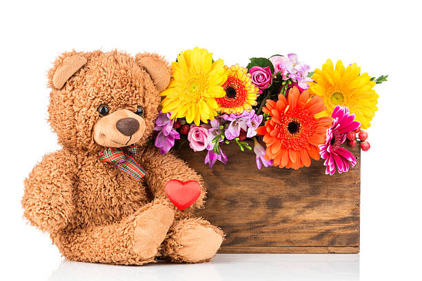 Bunch of flowers and a teddy bear stock photo