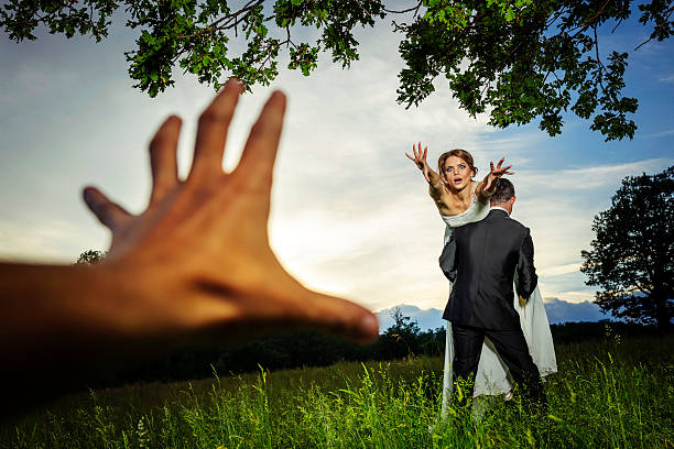 help me! bride stollen by groom and man hand grabbing her. hostage photos stock pictures, royalty-free photos & images