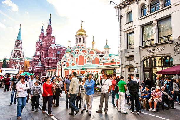 Moscow, Russia - September 6, 2014: People celebrating Moscow 867th Birthday on the street near Red Square, Russia