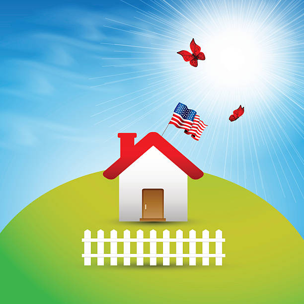 House on the hill House on the hill with the American flag american flag house stock illustrations