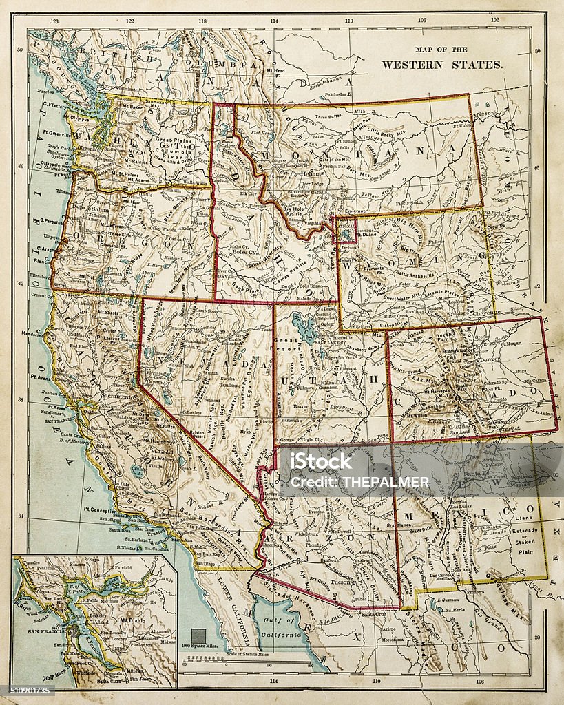 USA Western states map 1877 USA Western states map - Texas, Louisiana, Arkansas, Mississippi (1877) Map Stock Photo