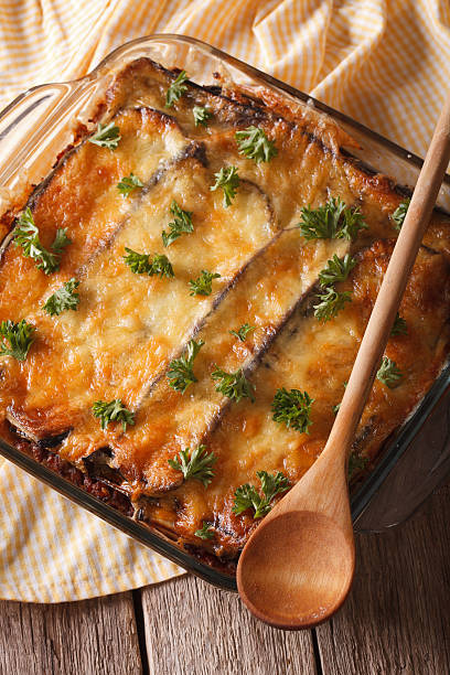 istock Greek moussaka with eggplant close up in baking dish. vertical 510921858