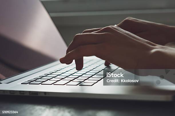 Womans Hands Working On Laptop Computer Stock Photo - Download Image Now - Adult, Backgrounds, Blank