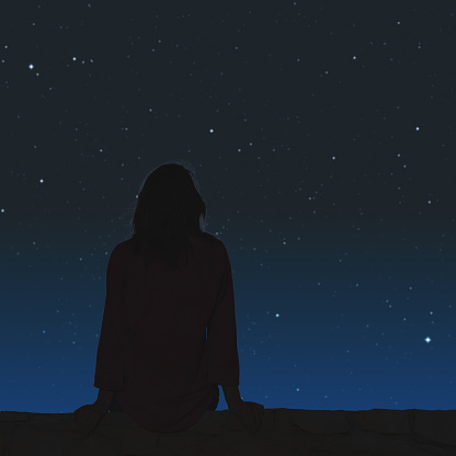 Girl watching the stars. Stars are digital illustration.