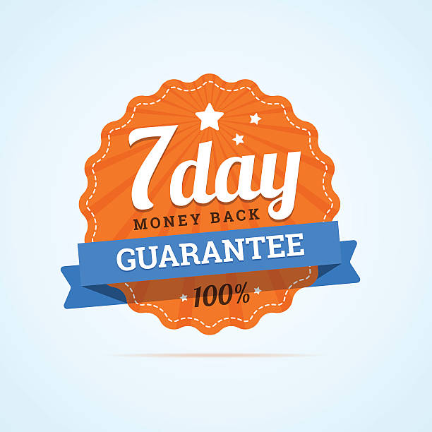 Seven day guarantee money back badge. Seven day guarantee money back badge. 7 day money back label. Paper badge in flat style with ribbon, stroke line, stars and rays. Vector illustration in flat style. label sale seal stamper badge stock illustrations