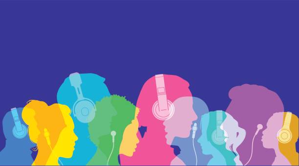 Head silhouettes with Headphones Colourful overlapping silhouettes of head profiles with earphones and headphones. EPS10 file, best in RGB, CS5 versions in zip radio silhouettes stock illustrations