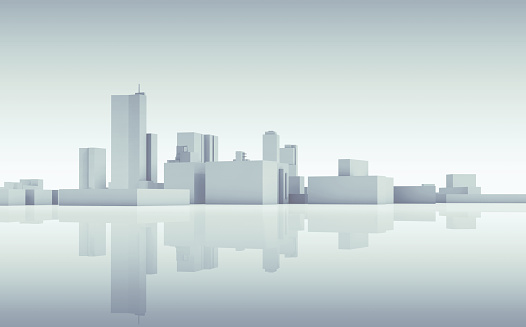 Abstract modern cityscape skyline. Blue toned 3d render with reflection on ground