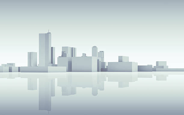 Abstract cityscape skyline. Blue toned 3d Abstract modern cityscape skyline. Blue toned 3d render with reflection on ground white buildings stock pictures, royalty-free photos & images
