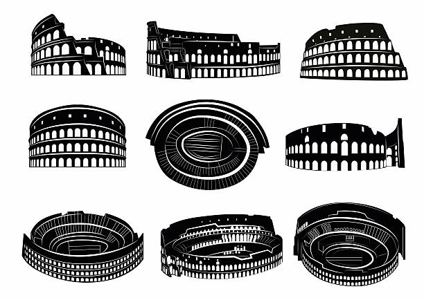 Different views of roman Colosseum Different views of roman Colosseum. Silhouettes of Colosseum. Rome, Italy. amphitheater stock illustrations