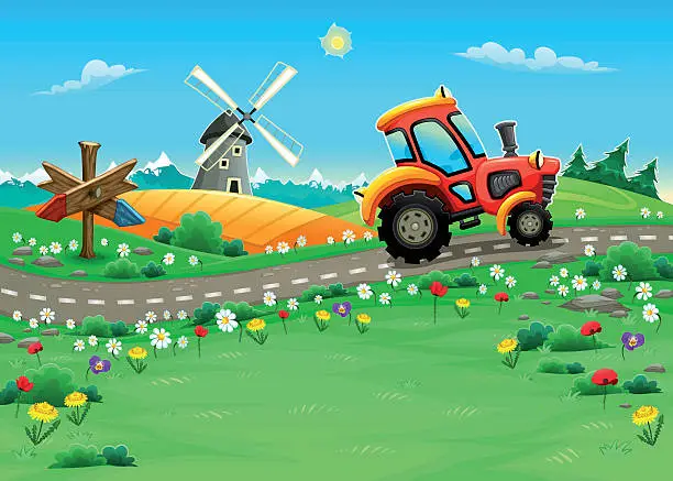 Vector illustration of Funny landscape with tractor on the road