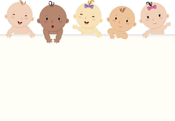 Multiracial babies with banner Vector illustration of group of happy babies. Babies Only stock illustrations