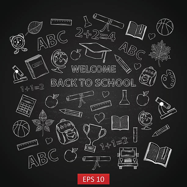 に学校を背景に、チョークボード - back to school blackboard education apple点のイラスト素材／クリップアート素材／マンガ素材／アイコン素材