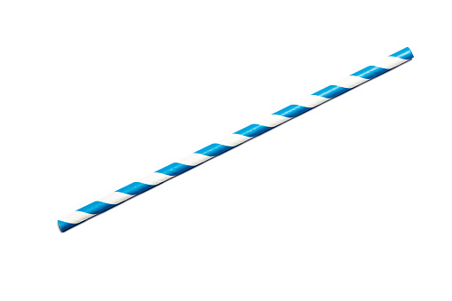 A single blue drinking straw in retro style with blue and white stripes on white background