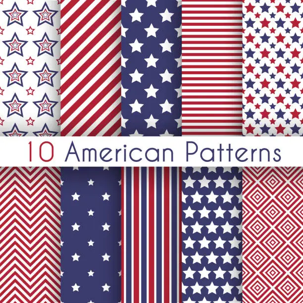 Vector illustration of Patriotic red, white and blue geometric seamless patterns