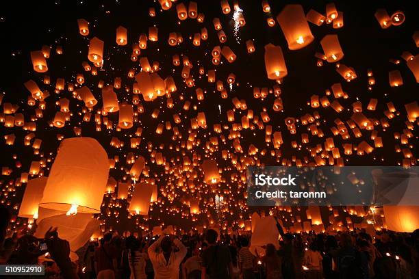 Flying Sky Lantern On Yeepeng Festival Stock Photo - Download Image Now - Lantern, Moon, Asia