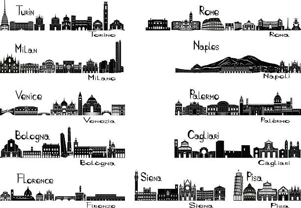 illustrazioni stock, clip art, cartoni animati e icone di tendenza di signts sagoma delle 11 città d'italia - milan napoli