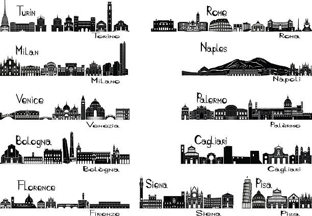 Silhouette signts of eleven cities of Italy Silhouette signts of 11 cities of Italy  - Turin; Milan; Venice; Bologna; Florence; Rome; Naples; Palermo; Cagliari; Siena; Pisa. venice italy stock illustrations