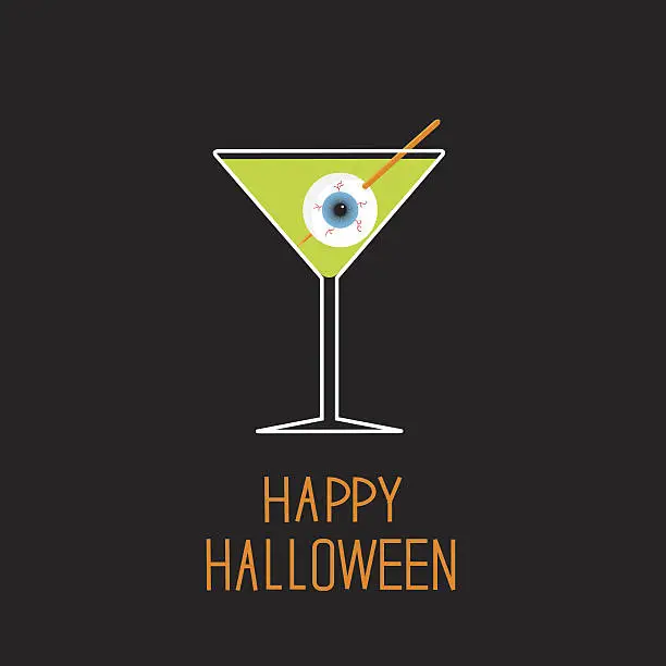 Vector illustration of Martini glass with green cocktail and eyeball. Halloween card.