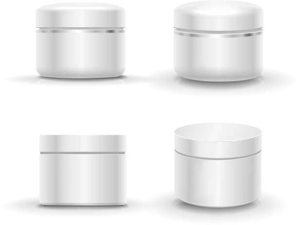 Blank cosmetic package container for cream, powder or gel Blank cosmetic package container set for cream, powder or gel. Isolated vector silver bottle cap stock illustrations