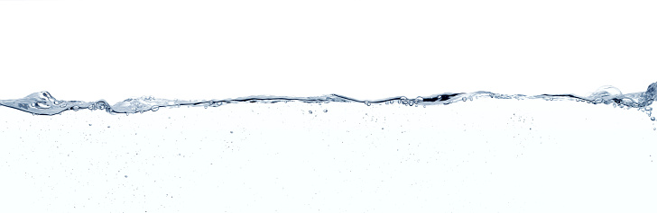 Transparent long waterline surface with bubbles  and turbulences. White background.